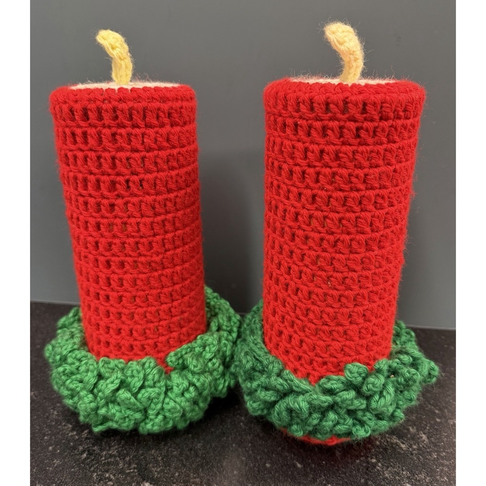 Vtg Handmade Crochet Christmas Red Candle Pair Pringles‎ Can Holiday Decor 9"